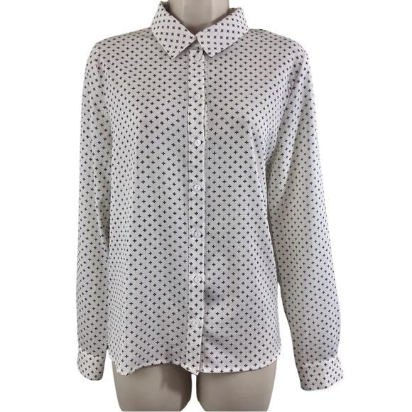 Vixbe Cream Black Print Button Front Long Sleeve Blouse Square Hem Loose Fit - Picture 4 of 16